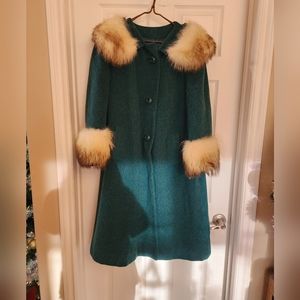 1960 Wool and Mohair Fox Fur Trim.‎ Union Label Emerald Green Coat.